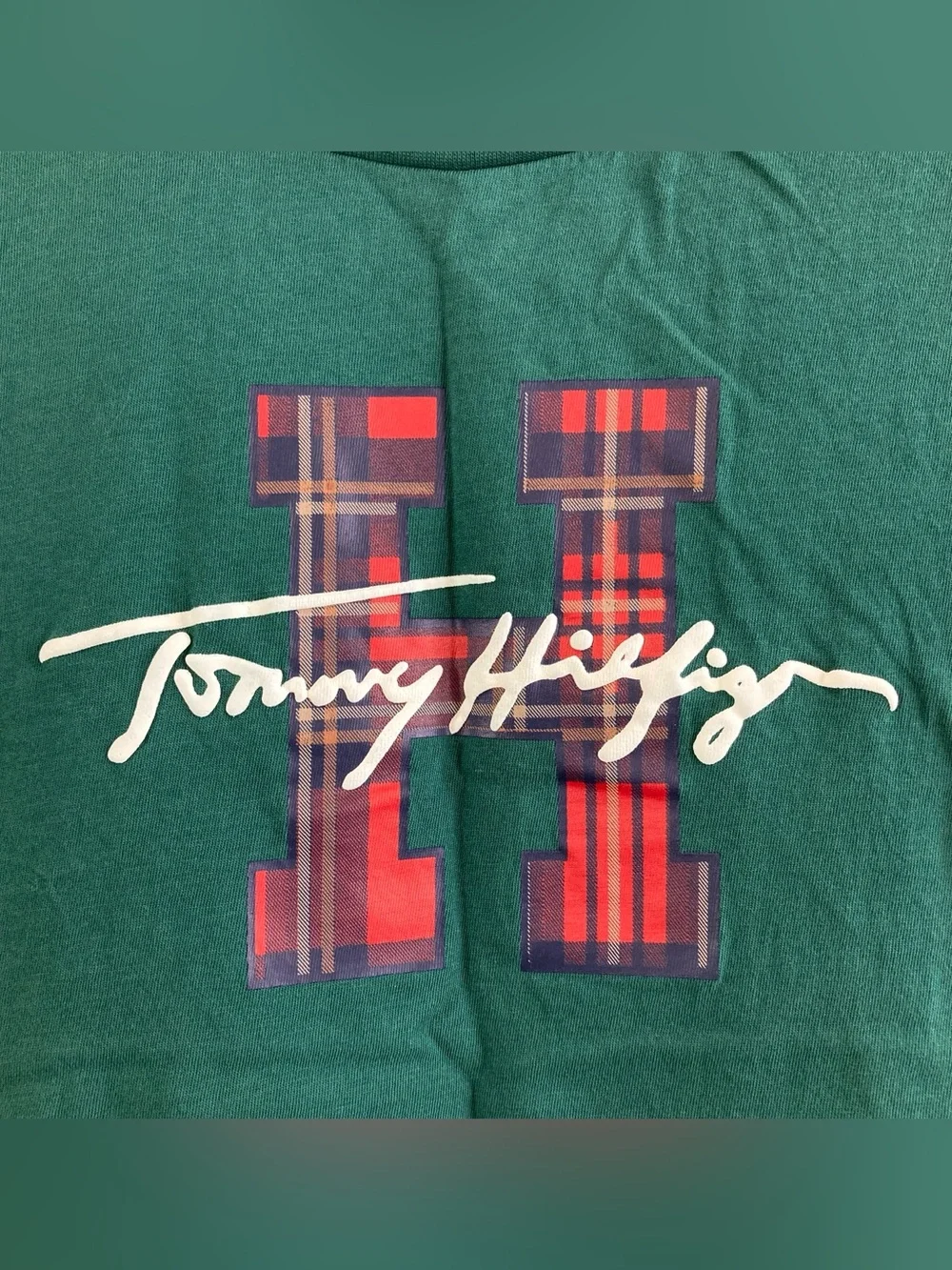 Tommy Hilfiger Emerald Green Graphic T-Shirt Girls Size M Plaid Logo